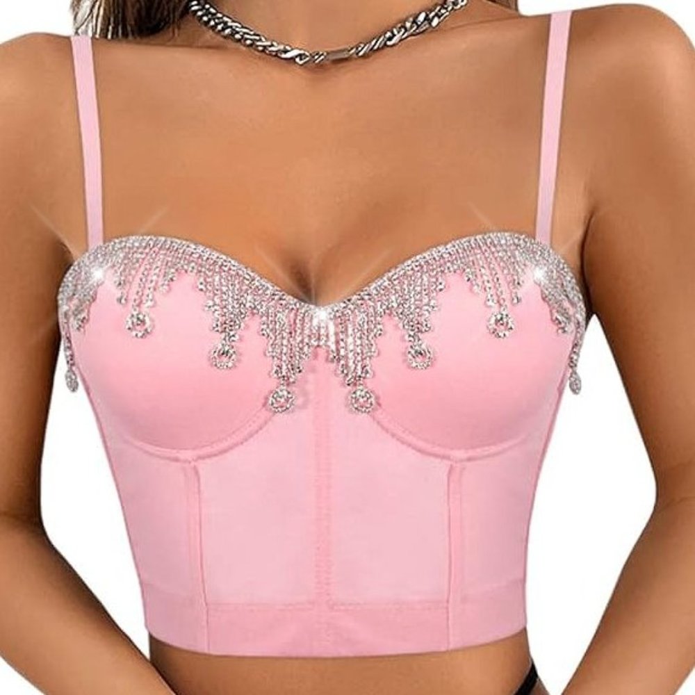 NWT Sparkling Bling Swarovski Crystal Rhinestone Pink Jacket Bustier Cow… - Picture 7 of 16